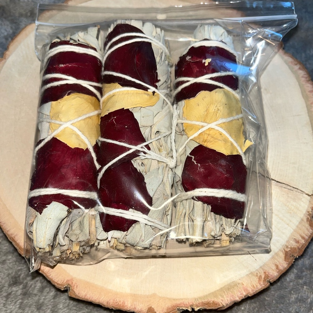 Pack of 3 White Sage dried Rose Petals Smudge Stick Bundles